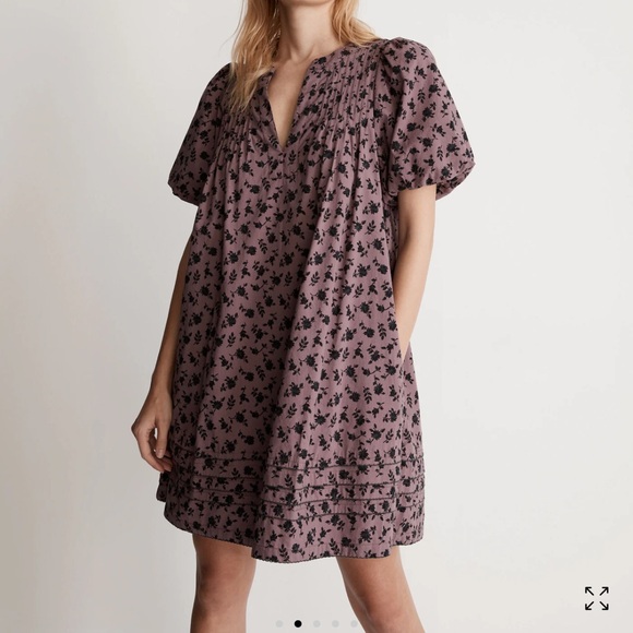 Madewell Dresses & Skirts - Madewell Purple and Black Mini Dress with Puff Sleeves and Pockets